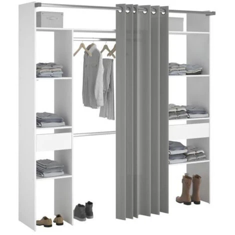 EKIPA Dressing Avec Rideau - 2 Tiroirs Et 2 Colonnes - Décor Blanc - L 198 X P 40 X H 203 Cm - ARTIC 4 EKIPA Dressing Avec Rideau - 2 Tiroirs Et 2 Colonnes - Décor Blanc - L 198 X P 40 X H 203 Cm - ARTIC – Image 4
