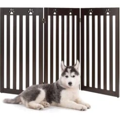 COSTWAY Barrière Autoportante Pour Chien 3 Panneaux En Bois Charnières Métalliques à 360° Sans Perçage Pour Maison Escaliers Marron
