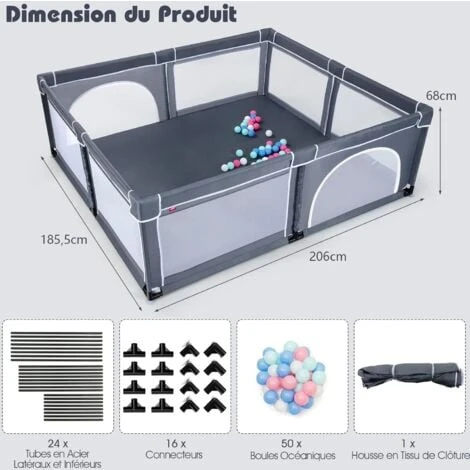 COSTWAY Parc Pour Bébé 206 X 185.5 Cm, Parc Enfant Intérieur Et Extérieur, Centre D’Activités Pour Enfants Avec Base Antidérapante Gris 2 COSTWAY Parc Pour Bébé 206 X 185.5 Cm, Parc Enfant Intérieur Et Extérieur, Centre D’Activités Pour Enfants Avec Base Antidérapante Gris – Image 2