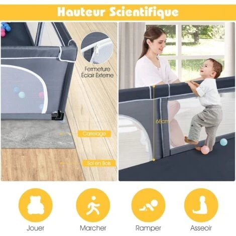 COSTWAY Parc Pour Bébé 206 X 185.5 Cm, Parc Enfant Intérieur Et Extérieur, Centre D’Activités Pour Enfants Avec Base Antidérapante Gris 4 COSTWAY Parc Pour Bébé 206 X 185.5 Cm, Parc Enfant Intérieur Et Extérieur, Centre D’Activités Pour Enfants Avec Base Antidérapante Gris – Image 4