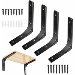 4pcs Triomphe Équerre Pour Étagère Murale Noire Support D’Étagère En Métal Équerre De Fixation Murale Equerre Murale En Forme De L Pour Meubles Décoration Connexion Avec Vis 150 X 125mm