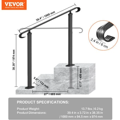 VEVOR Garde-Corps Rampe Escalier Main Courante En Fer Forge Balustrade Rambarde 1-3 Marches Reglable 45 Cm Distance Entre Poteaux 68,5 Cm Hauteur Poteaux 96 Cm Pour Securite Escaliers Jardin Portails 2 VEVOR Garde-Corps Rampe Escalier Main Courante En Fer Forge Balustrade Rambarde 1-3 Marches Reglable 45 Cm Distance Entre Poteaux 68,5 Cm Hauteur Poteaux 96 Cm Pour Securite Escaliers Jardin Portails – Image 2