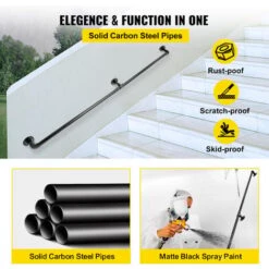 VEVOR Rampe Escalier Murale 1,52m Main Courante Acier Carbone Garde-Corps Metal Capacite Charge 200 Kg/Tube Rambarde En 2 Tubes 32 Mm 3 Supports Muraux Pour Enfants Personnes Agees Interieur Exterieur -Mottetch Boutique 69342828 4