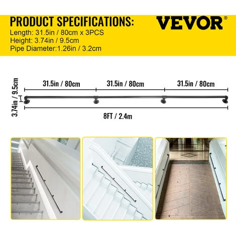 VEVOR Rampe Escalier Murale 2,4 M Main Courante Acier Carbone Garde-Corps Metal Capacite Charge 200 Kg/Tube Rambarde De 3 Tubes 32 Mm 4 Supports Muraux Pour Enfants Personnes Agees Interieur Exterieur 2 VEVOR Rampe Escalier Murale 2,4 M Main Courante Acier Carbone Garde-Corps Metal Capacite Charge 200 Kg/Tube Rambarde De 3 Tubes 32 Mm 4 Supports Muraux Pour Enfants Personnes Agees Interieur Exterieur – Image 2