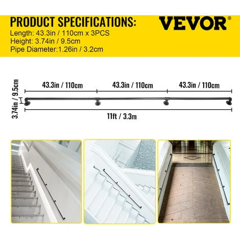 VEVOR Rampe Escalier Murale Main Courante En Acier Carbone Garde-Corps Metal Tube Rambarde Muraux Pour Enfants Personnes Âgees Interieur Exterieur (11ft/3.3m, 0.32CM/200KG) 2 VEVOR Rampe Escalier Murale Main Courante En Acier Carbone Garde-Corps Metal Tube Rambarde Muraux Pour Enfants Personnes Âgees Interieur Exterieur (11ft/3.3m, 0.32CM/200KG) – Image 2