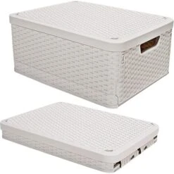 GROOFOO Lot De 2 Pliable Bote De Rangement Avec Couvercle,43.8x33x24.5cm Boite De Rangement Plastique Caisse De Rangement Avec Poignée,Empilables Tissé Panier De Rangement Pour Vêtements,Jouets,Livre