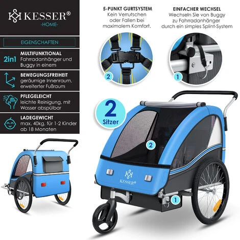 KESSER® Remorque Pour Enfants Remorque De Vélo Sport-RX 2en1 Fonction De Running Remorque De Vélo Pour Enfants + Ceinture De Sécurité 5 Points 360°- Roue Avant Jogger Poussette Vélo , Bleu 2 KESSER® Remorque Pour Enfants Remorque De Vélo Sport-RX 2en1 Fonction De Running Remorque De Vélo Pour Enfants + Ceinture De Sécurité 5 Points 360°- Roue Avant Jogger Poussette Vélo , Bleu – Image 2