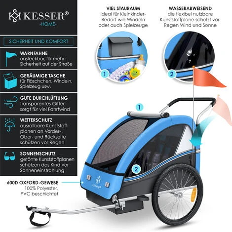 KESSER® Remorque Pour Enfants Remorque De Vélo Sport-RX 2en1 Fonction De Running Remorque De Vélo Pour Enfants + Ceinture De Sécurité 5 Points 360°- Roue Avant Jogger Poussette Vélo , Bleu 3 KESSER® Remorque Pour Enfants Remorque De Vélo Sport-RX 2en1 Fonction De Running Remorque De Vélo Pour Enfants + Ceinture De Sécurité 5 Points 360°- Roue Avant Jogger Poussette Vélo , Bleu – Image 3