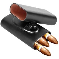 étui à Cigares En Cuir à 3 Doigts, Cave à Cigares Doublée En Bois De Cèdre Avec Ciseaux à Cigares En Acier Inoxydable Argenté