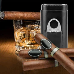 étui à Cigares En Cuir à 3 Doigts, Cave à Cigares Doublée En Bois De Cèdre Avec Ciseaux à Cigares En Acier Inoxydable Argenté -Mottetch Boutique 97730727 3